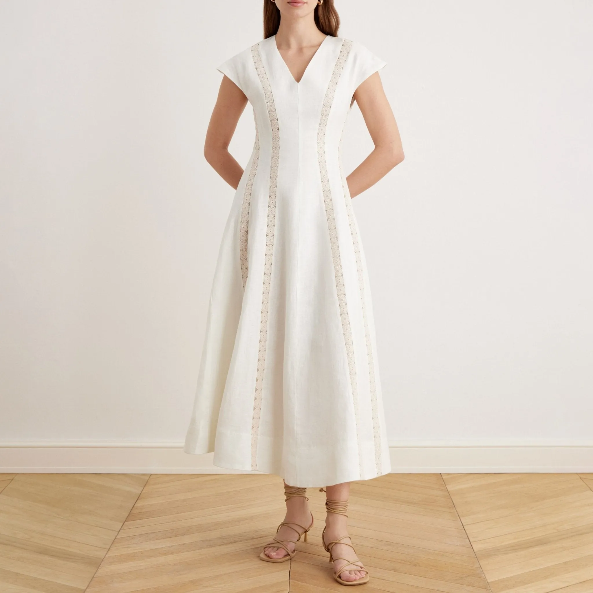 Off White V-neck Soft Cap Sleeve Flared Dress in Linen