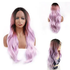 Ombre Purple Pink Lace Front Wig Long Body Wave Synthetic Middle Parting Replacement Full Wig 27 inch Pastel Pink Purple Gift for Her