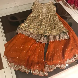 Orange and light mehndi green gharara set M#G 86