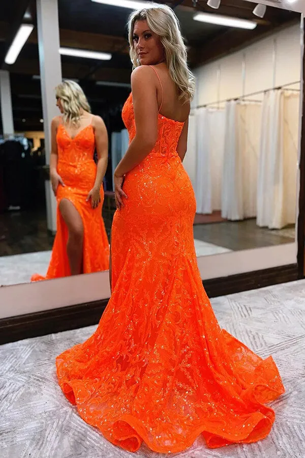 Orange Tulle Lace Spaghetti Straps Mermaid Long Prom Dresses With Slit, SP950