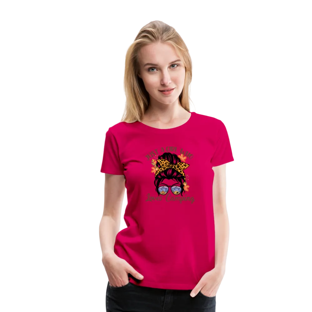 OutdoorWhirl: 'Just a Girl Who Loves Camping' Women's T-Shirt for Nature Enthusiasts