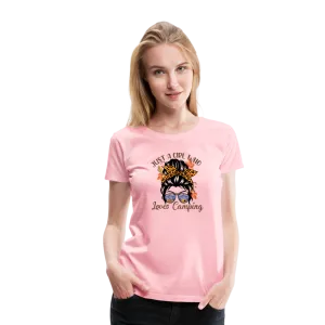 OutdoorWhirl: 'Just a Girl Who Loves Camping' Women's T-Shirt for Nature Enthusiasts