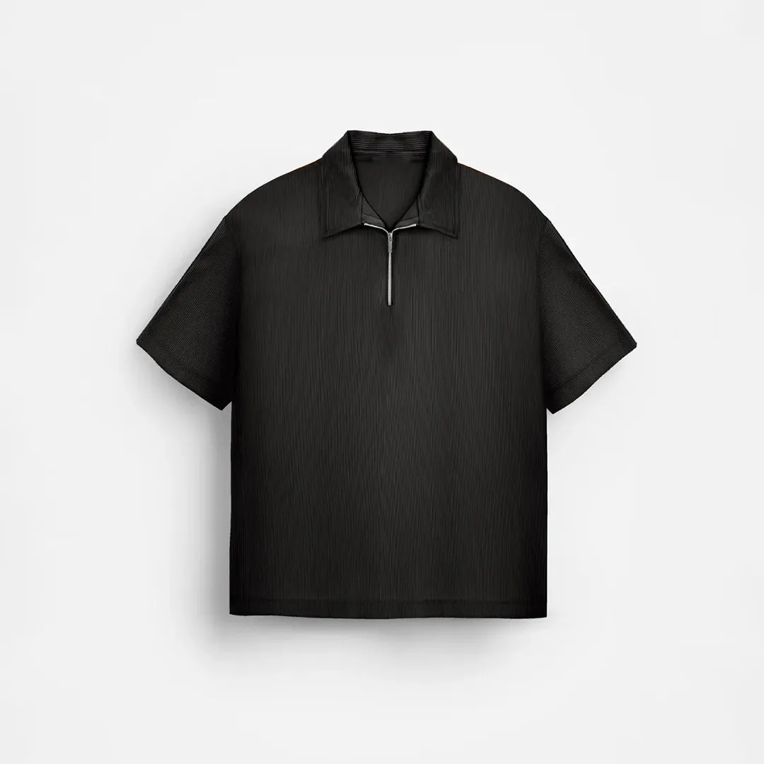 OVERSIZE TEXTURED ZIPPER POLO T-SHIRT - BLACK