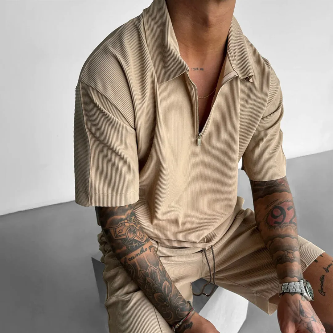 OVERSIZE TEXTURED ZIPPER POLO T-SHIRT - TAN