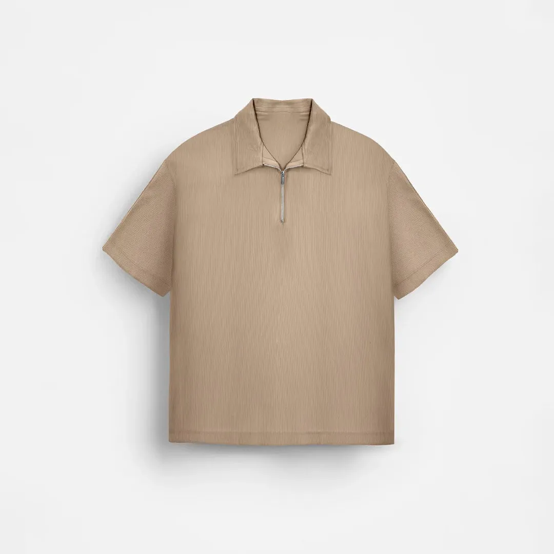 OVERSIZE TEXTURED ZIPPER POLO T-SHIRT - TAN