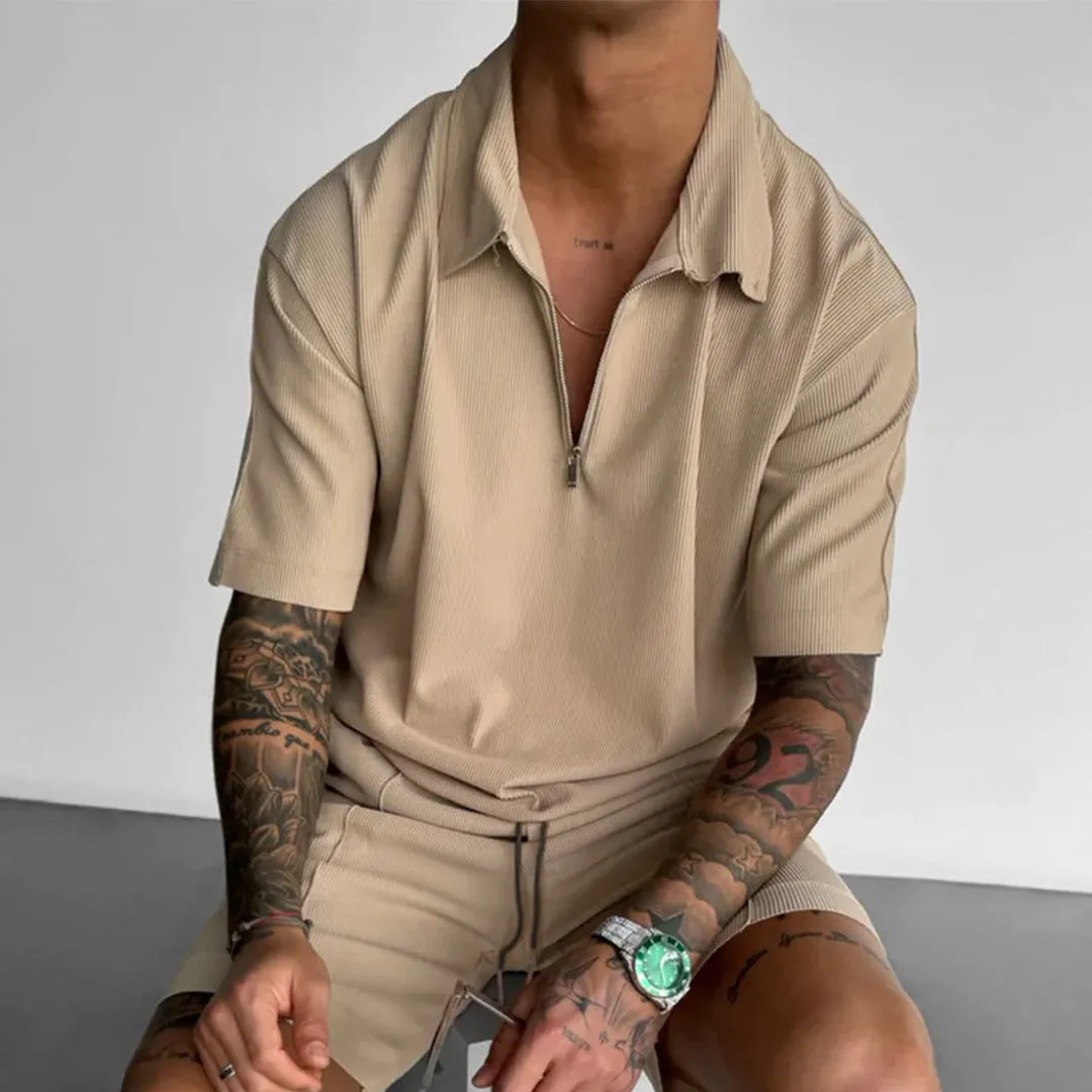 OVERSIZE TEXTURED ZIPPER POLO T-SHIRT - TAN