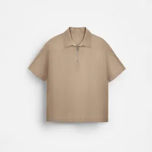 OVERSIZE TEXTURED ZIPPER POLO T-SHIRT - TAN