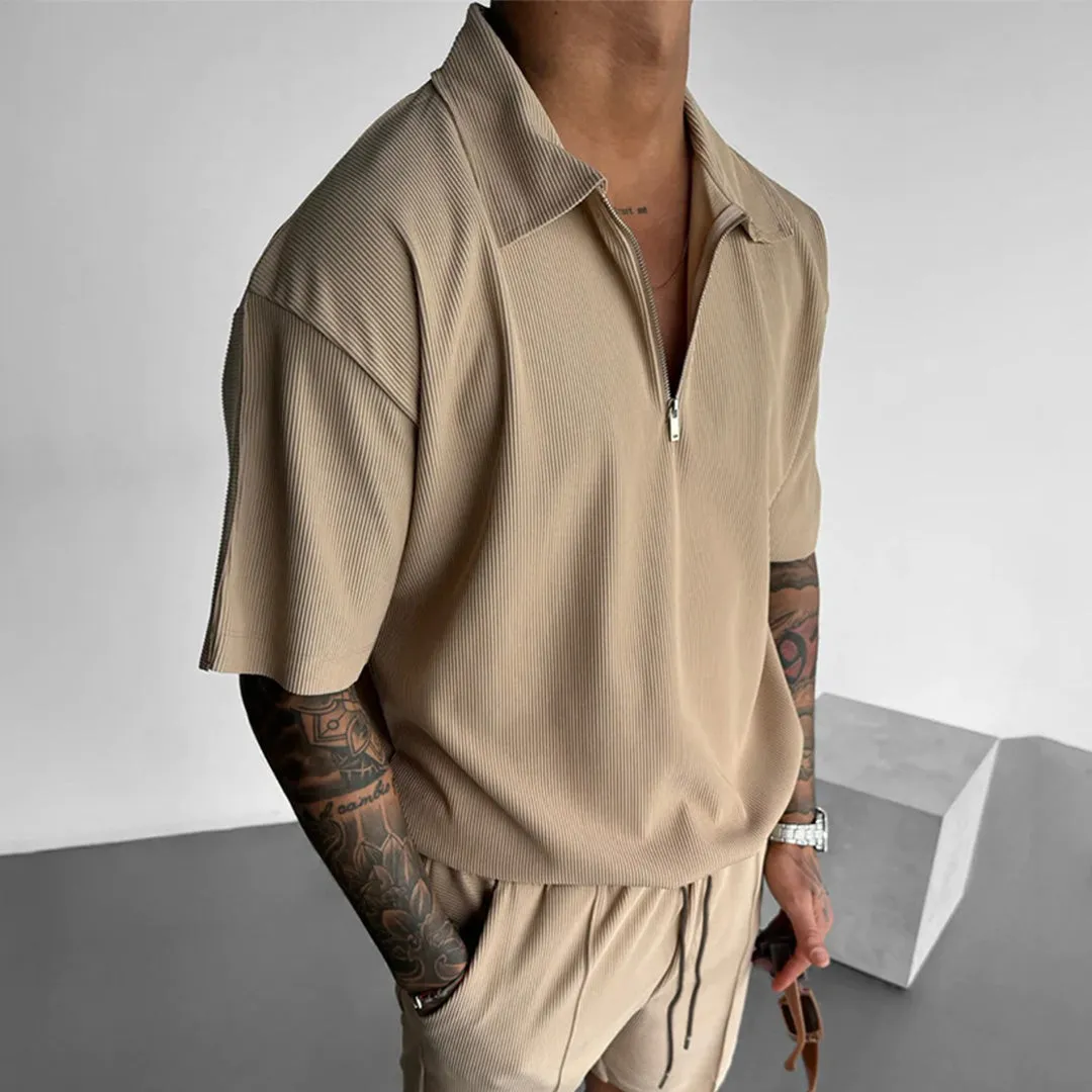 OVERSIZE TEXTURED ZIPPER POLO T-SHIRT - TAN
