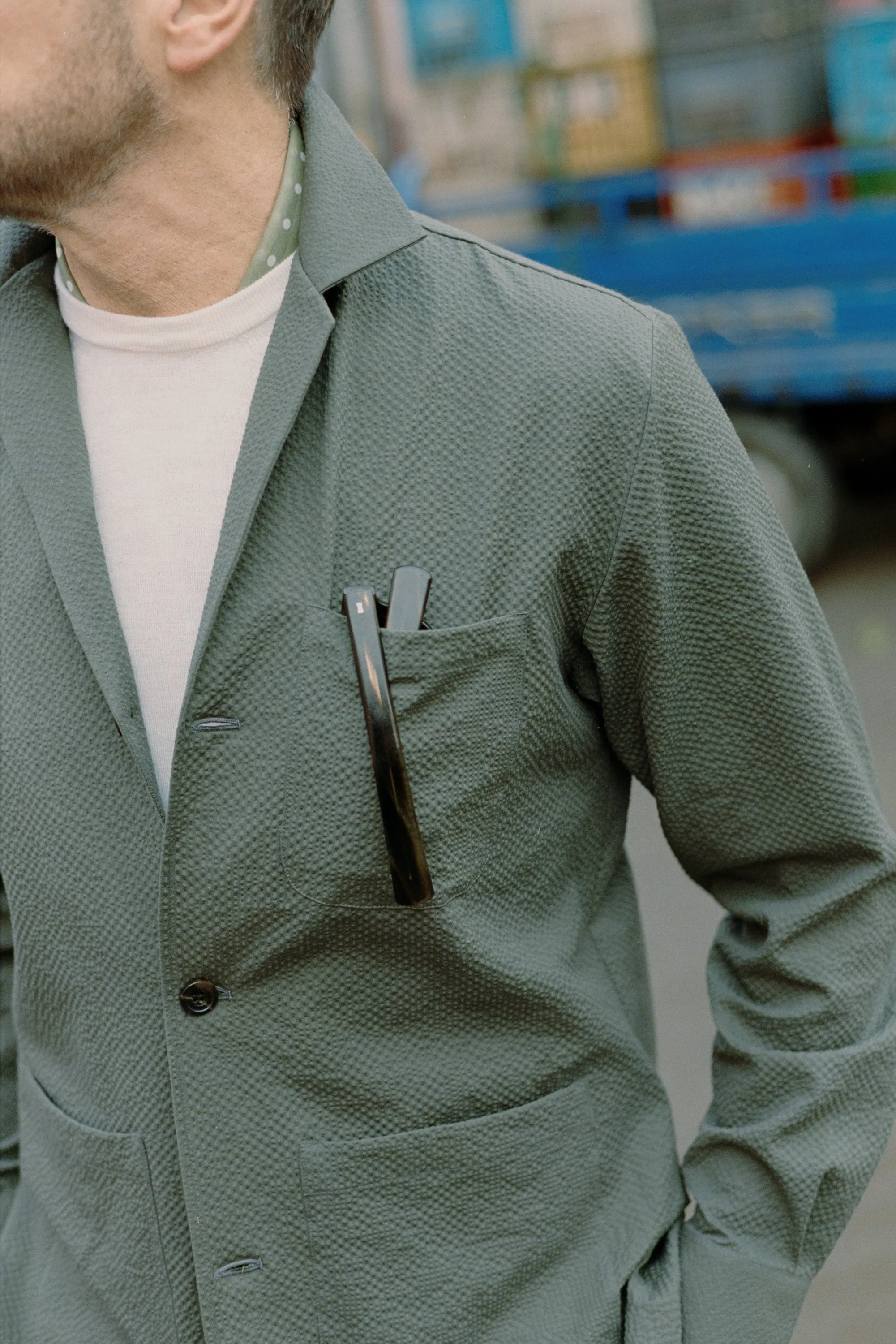Painters Jacket in Olive Green Seersucker