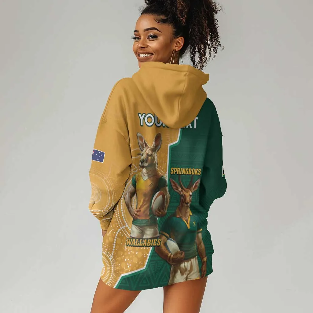 Personalised South Africa And Australia Rugby Hoodie Dress 2024 Springboks Wallabies Mascots Together LT14