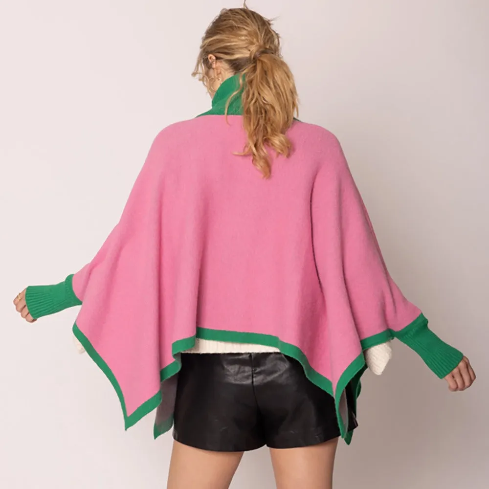 Pink and Green Color Block Poncho Sweater