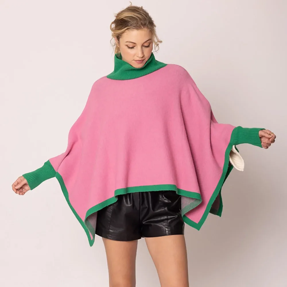 Pink and Green Color Block Poncho Sweater