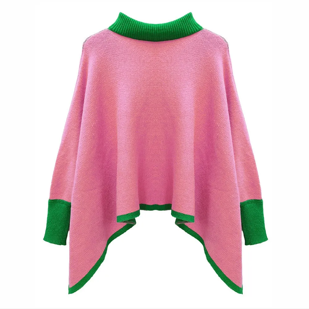 Pink and Green Color Block Poncho Sweater