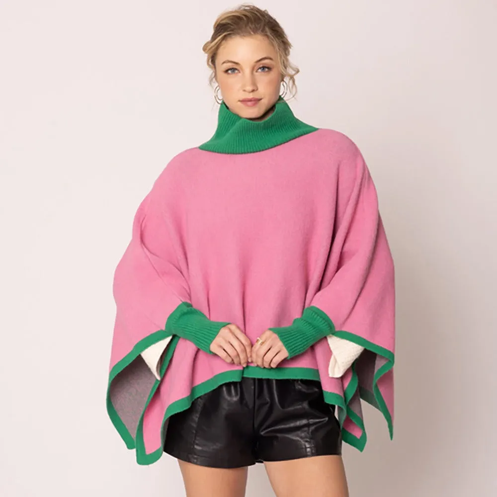 Pink and Green Color Block Poncho Sweater