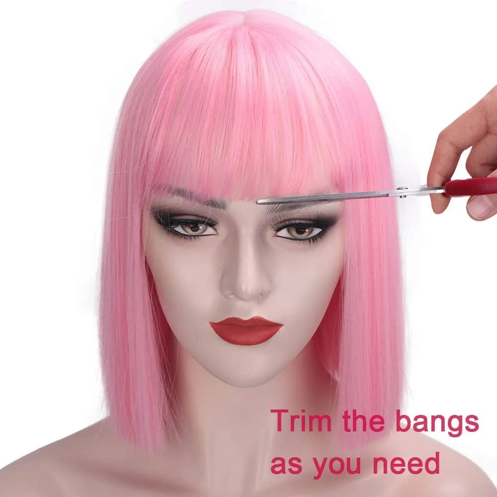 Pink bubble gum light pastel trendy looking wig with curtain air bangs heat friendly face framing synthetic bob with 12" blunt cut style