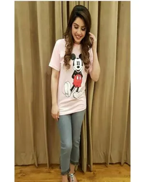 Pink Micky Cotton Printed T-Shirt For Women