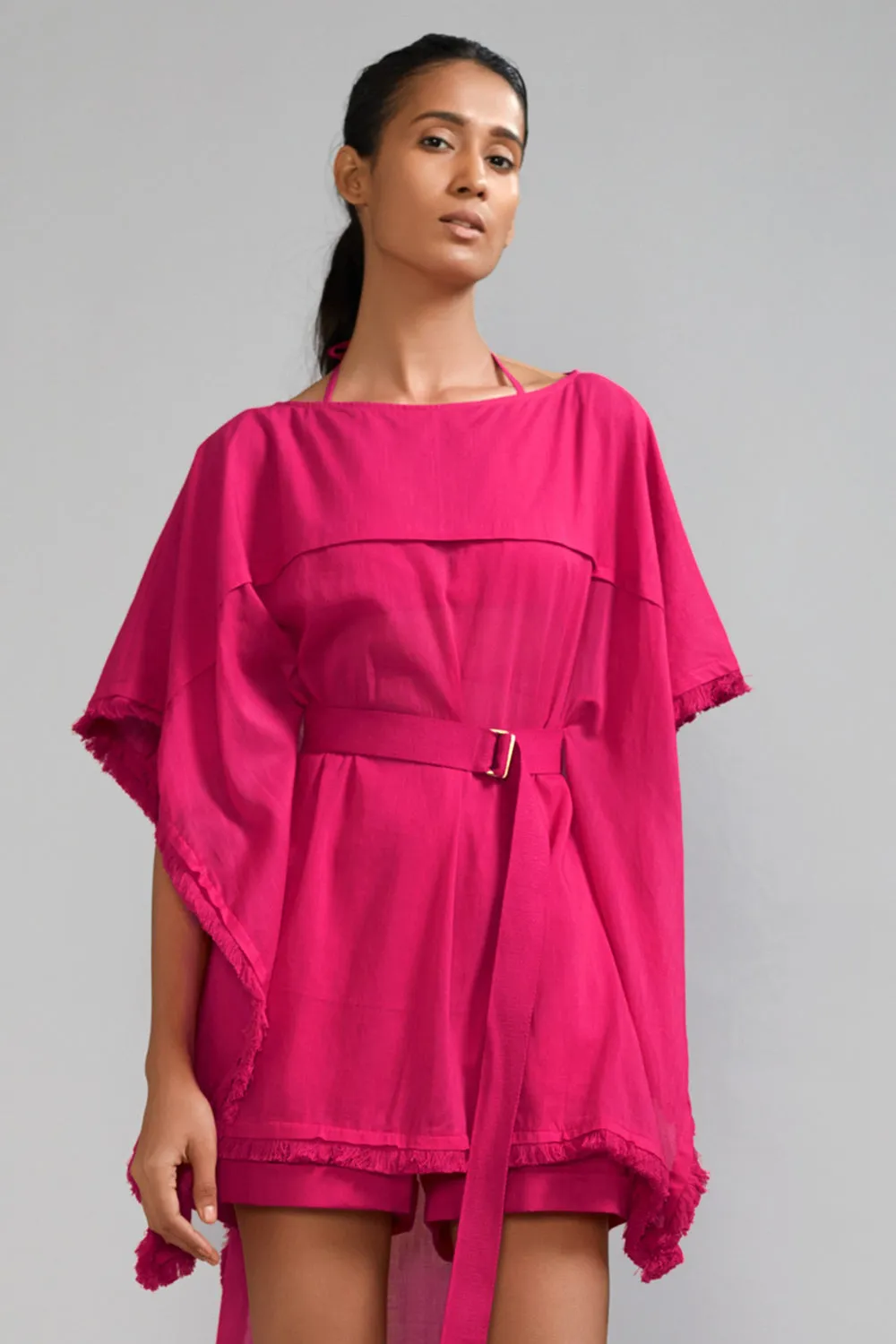 Pink Mul Kaftan Top With Belt