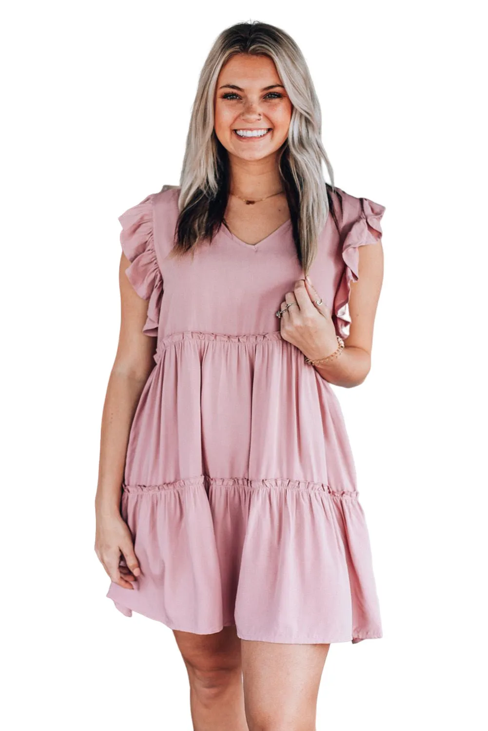 Pink Ruffle Trim Sleeveless A-line Mini Dress