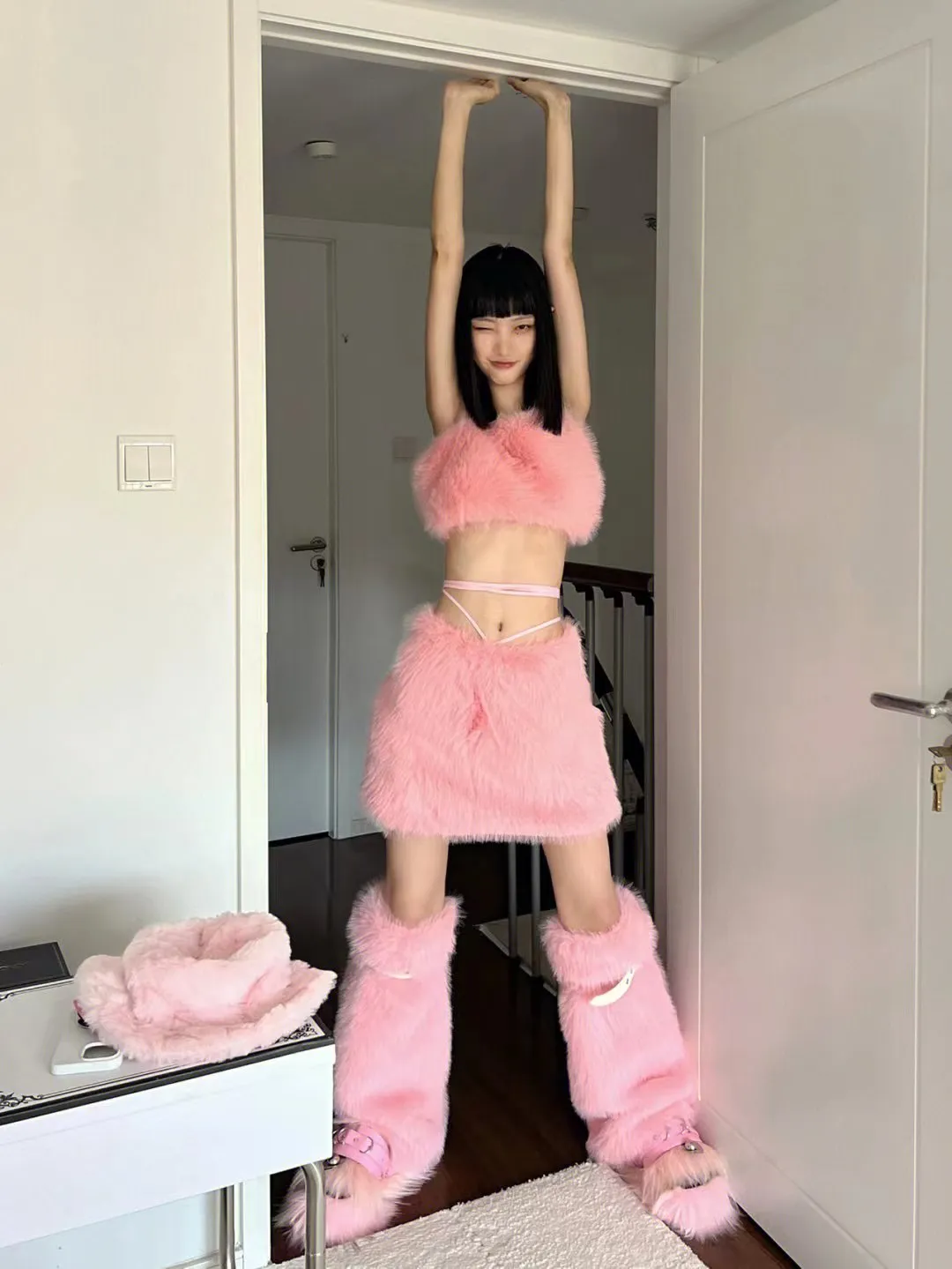 Pink Suspender   Short Skirt   Leg Socks Set  KF83306