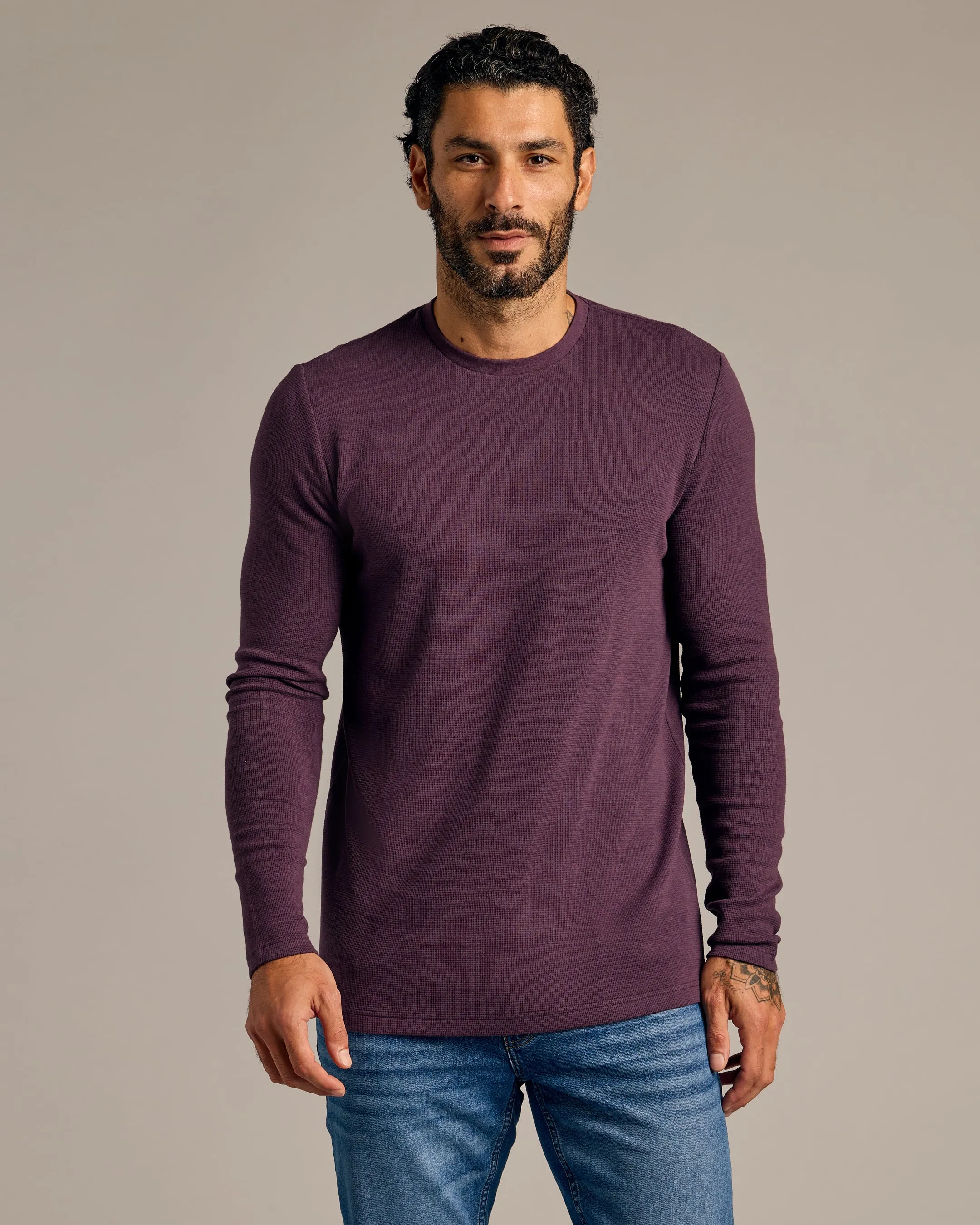 Plum and White Long Sleeve Waffle Crew 2-Pack