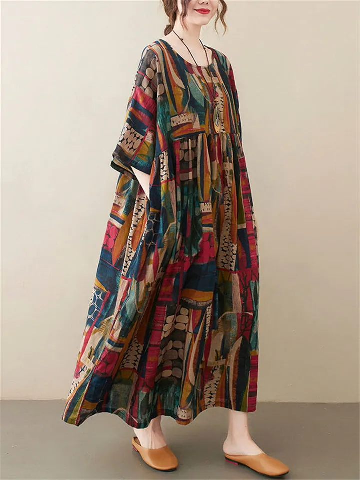 Plus Size Round Neck Abstract Print Oversized Dress for Women