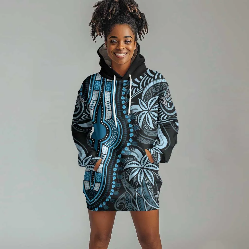Polynesia Mixed African Dashiki Hoodie Dress Afro-pacific Culture - Blue LT9