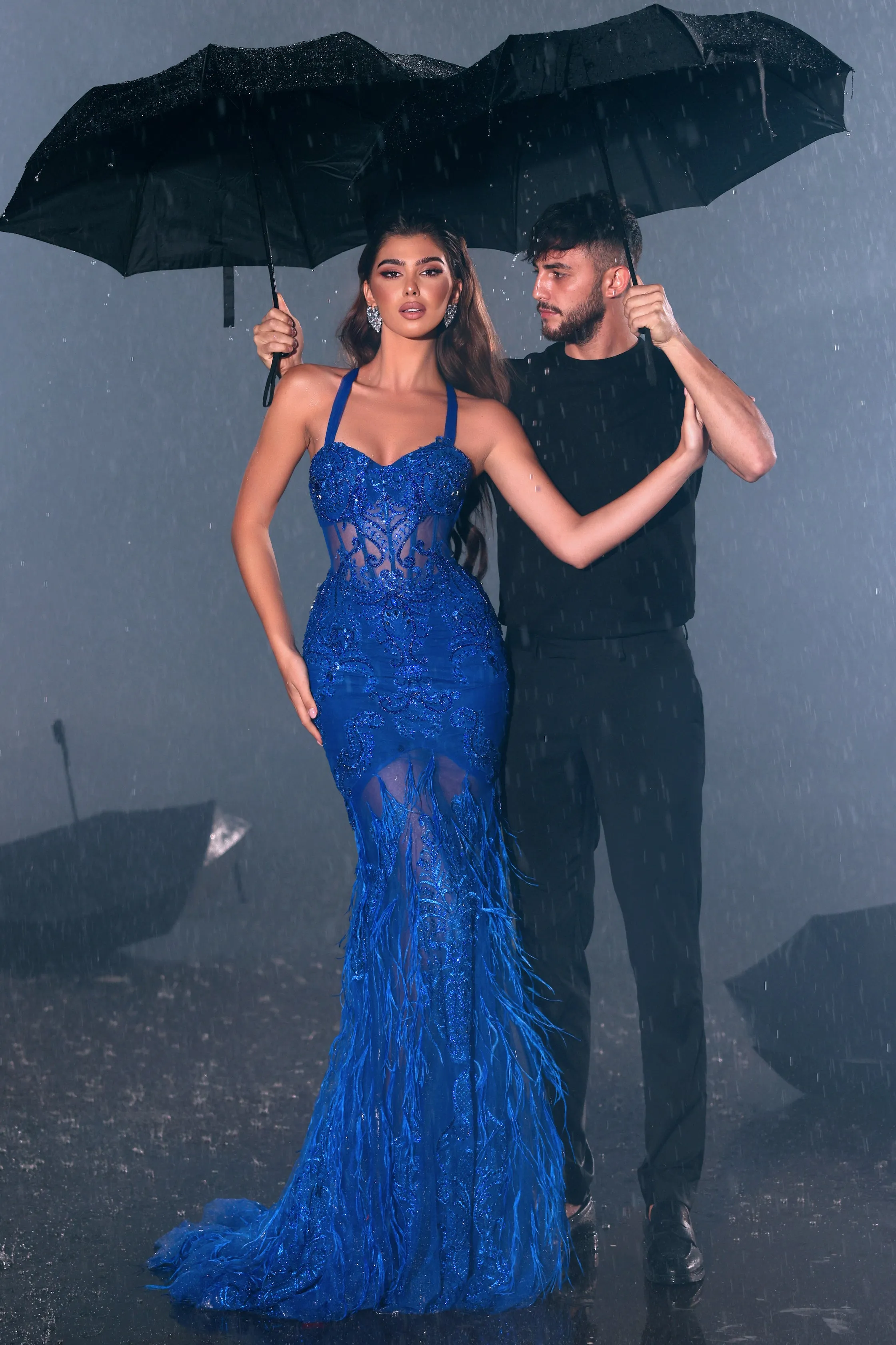 PORTIA & SCARLETT PS22120 Sweetheart Neck Sleeveless Feathered Trumpet Gown