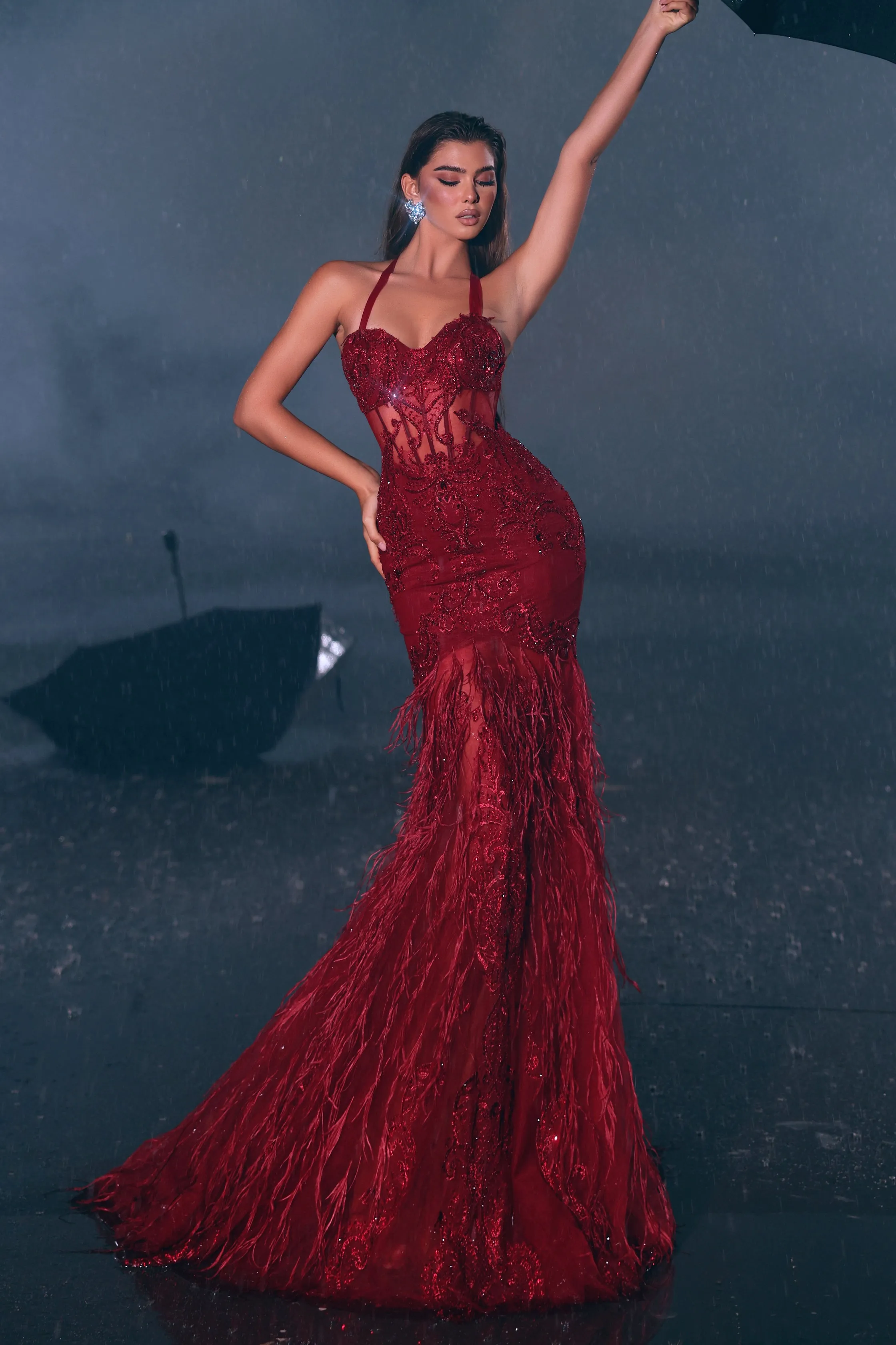 PORTIA & SCARLETT PS22120 Sweetheart Neck Sleeveless Feathered Trumpet Gown