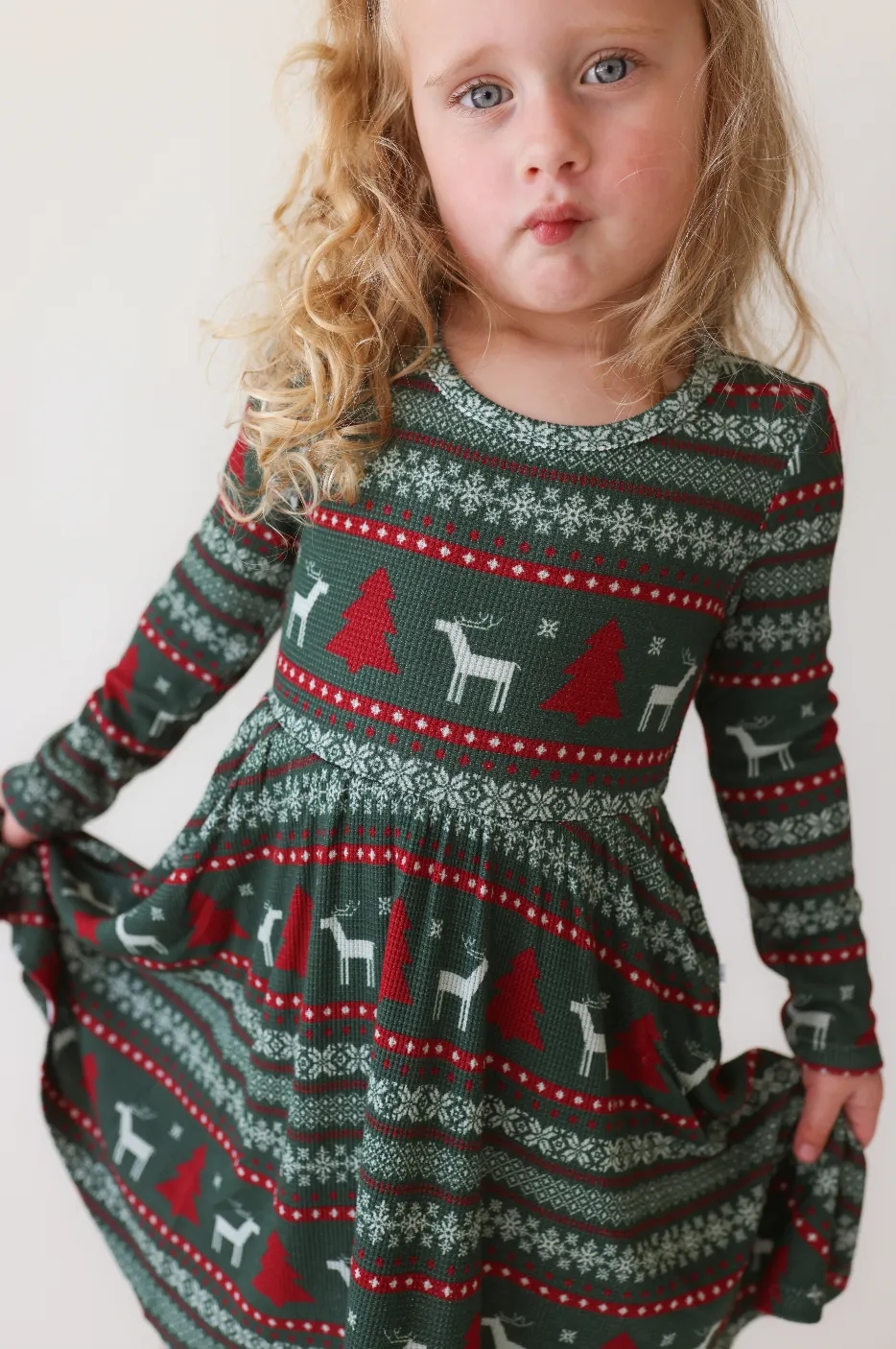 Posh Peanut Long Sleeve Twirl Dress in Holiday Fair Isle