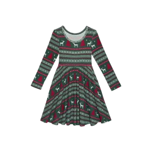 Posh Peanut Long Sleeve Twirl Dress in Holiday Fair Isle