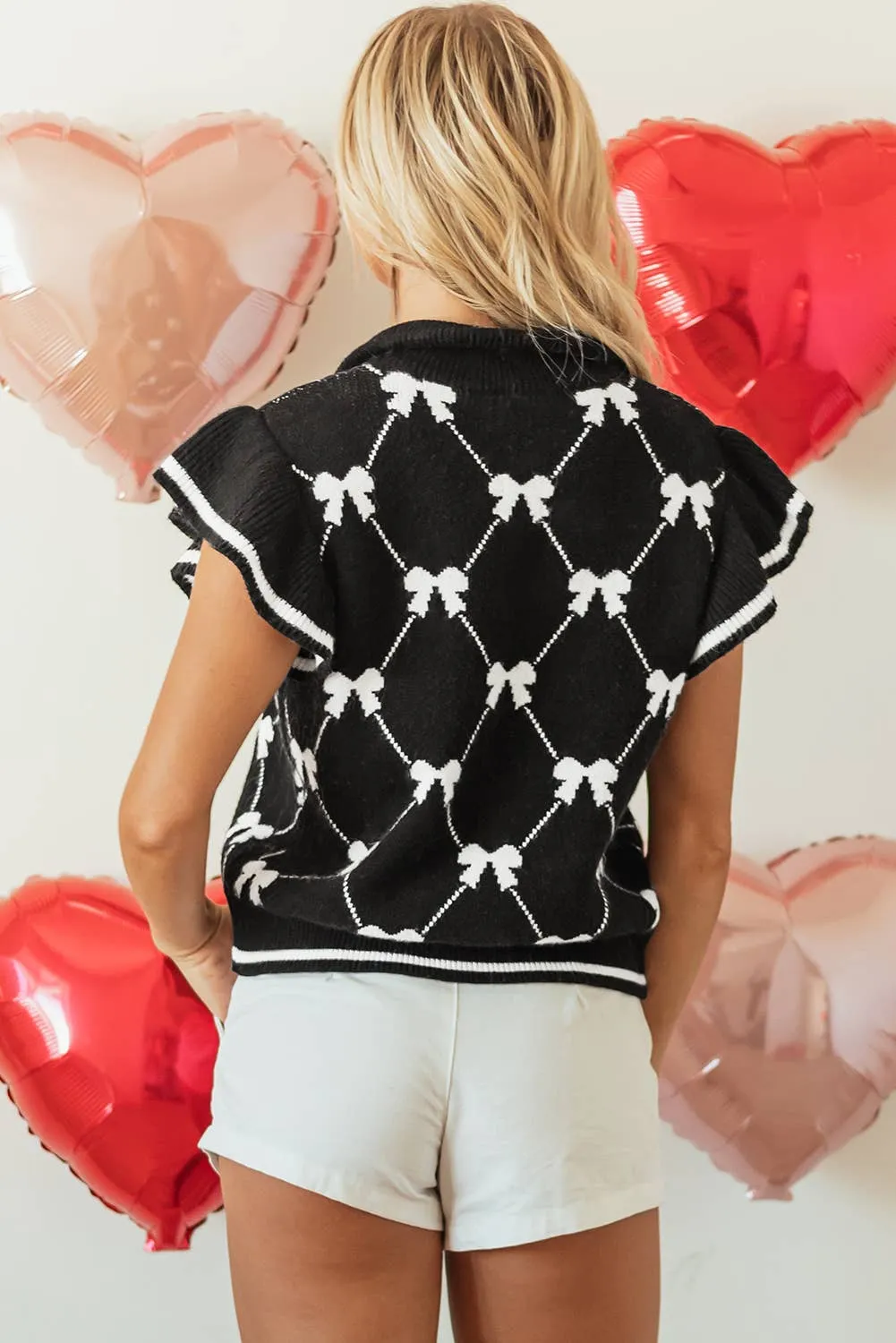 Preppy Vibes Bow Checkered Print Zipped Collar Sweater - LD2775