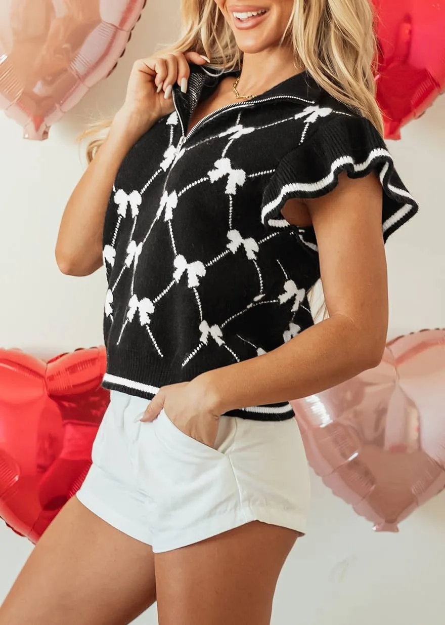 Preppy Vibes Bow Checkered Print Zipped Collar Sweater - LD2775