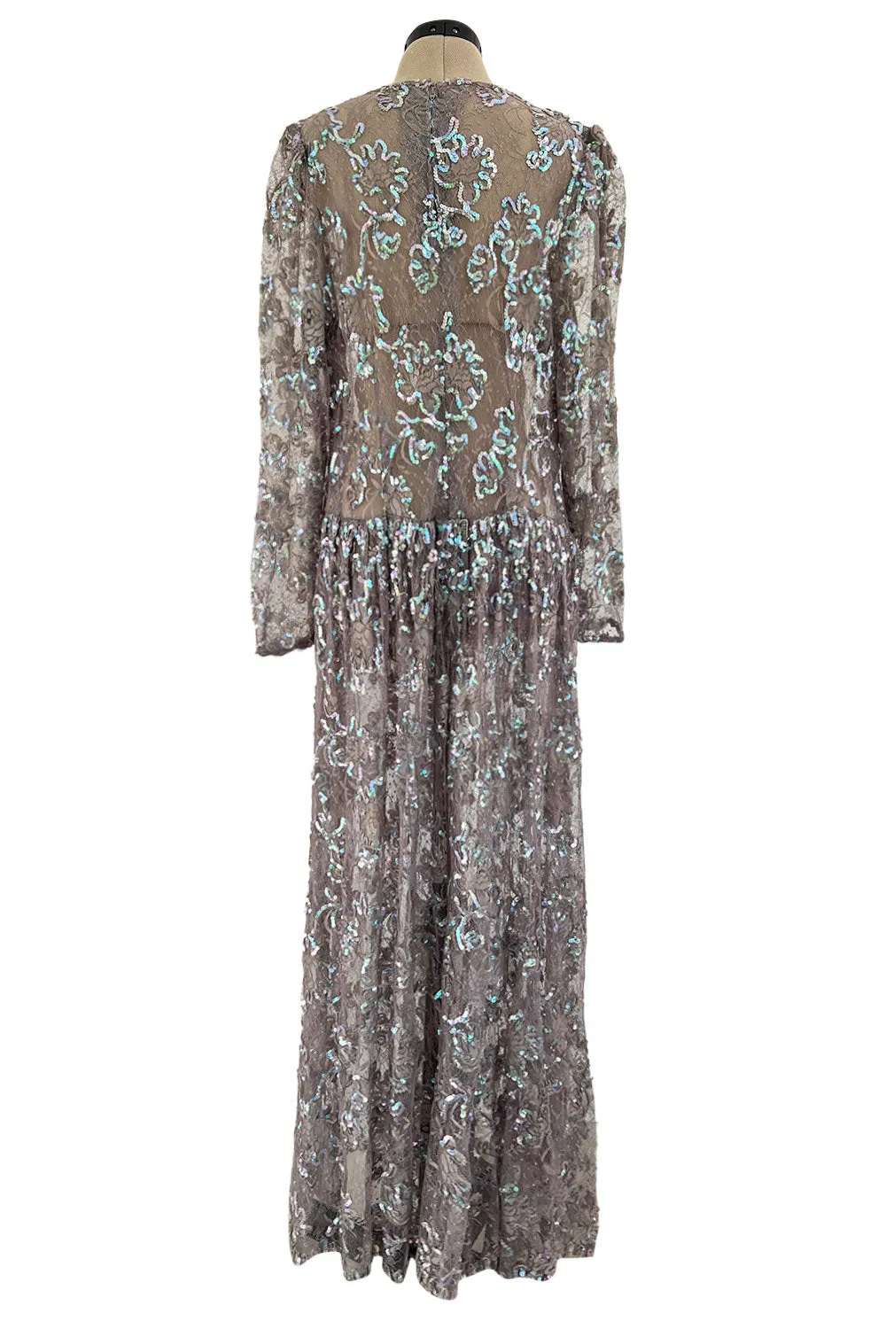 Prettiest 1970s Unlabeled Pale Grey Lace & Blue Grey Glossy Sequin Drop Waist Dress