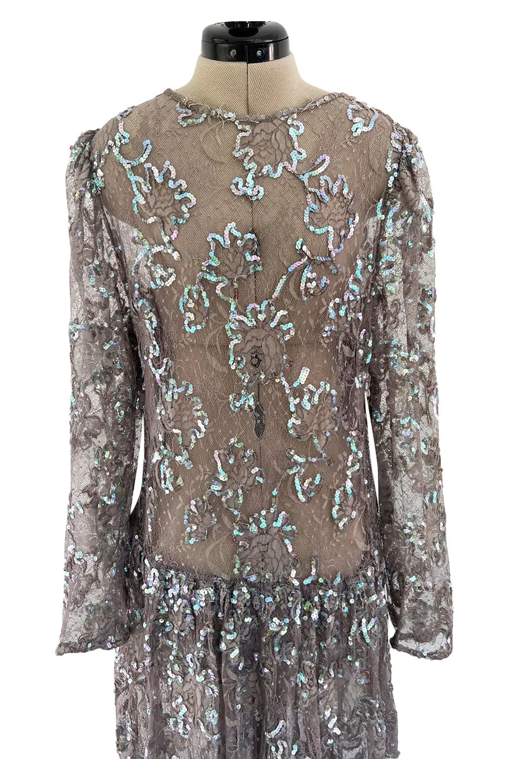 Prettiest 1970s Unlabeled Pale Grey Lace & Blue Grey Glossy Sequin Drop Waist Dress