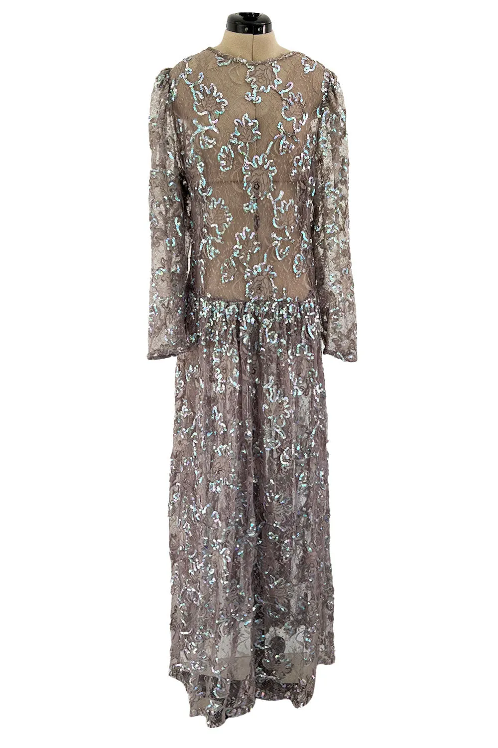 Prettiest 1970s Unlabeled Pale Grey Lace & Blue Grey Glossy Sequin Drop Waist Dress