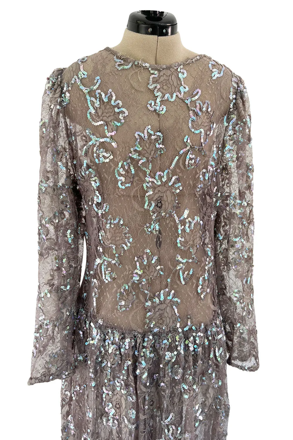 Prettiest 1970s Unlabeled Pale Grey Lace & Blue Grey Glossy Sequin Drop Waist Dress