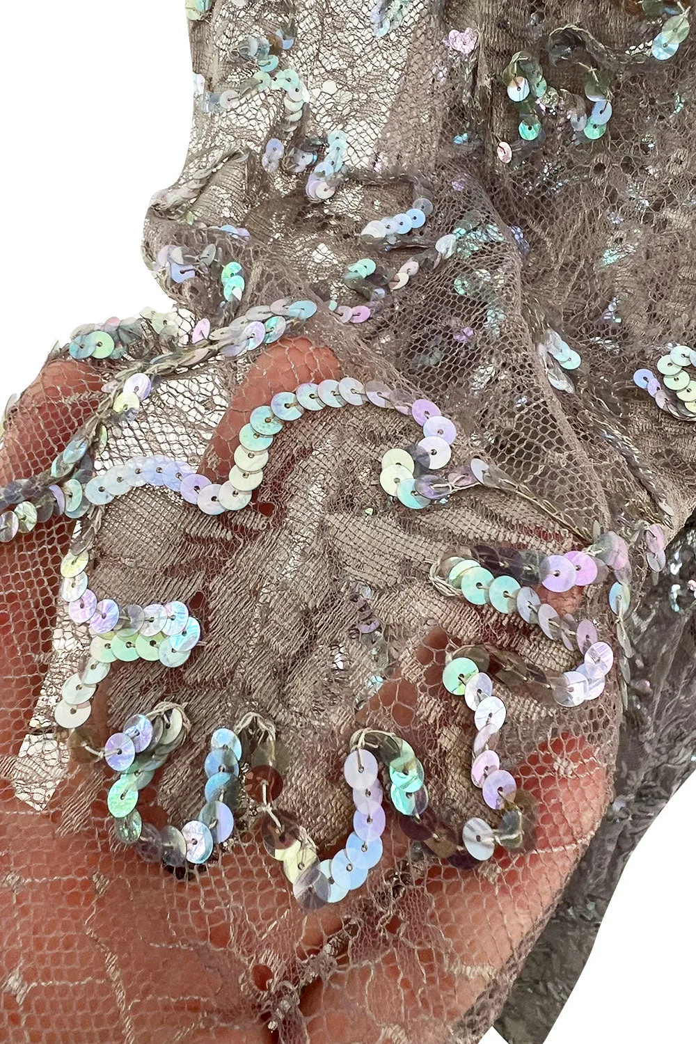 Prettiest 1970s Unlabeled Pale Grey Lace & Blue Grey Glossy Sequin Drop Waist Dress