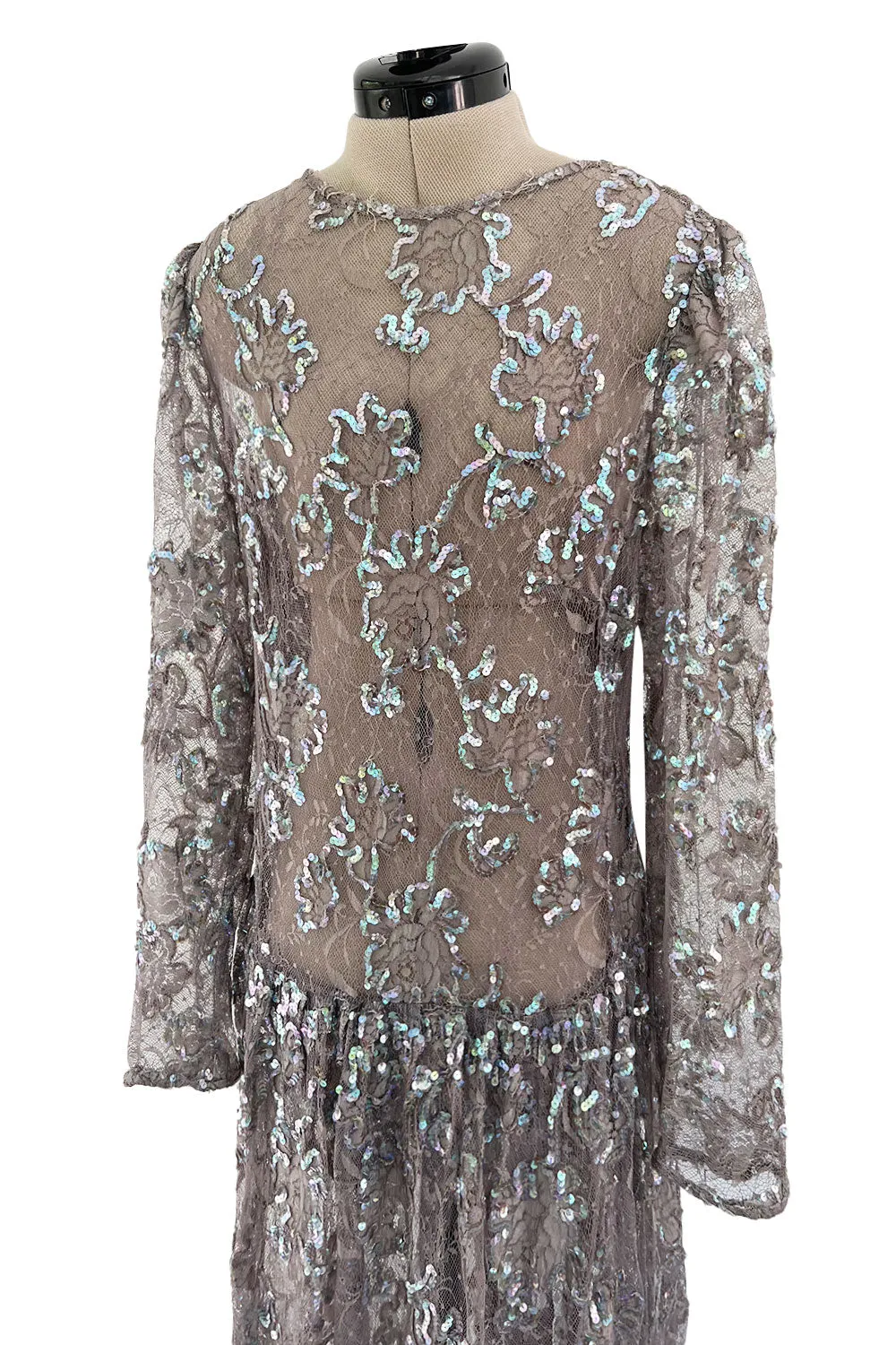 Prettiest 1970s Unlabeled Pale Grey Lace & Blue Grey Glossy Sequin Drop Waist Dress