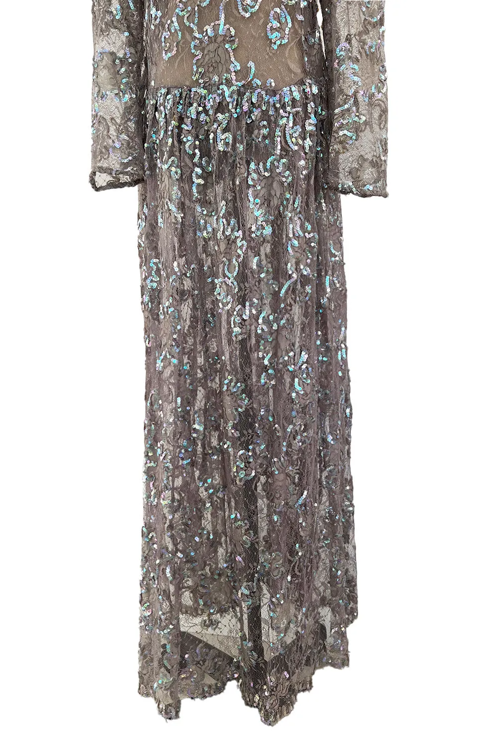Prettiest 1970s Unlabeled Pale Grey Lace & Blue Grey Glossy Sequin Drop Waist Dress