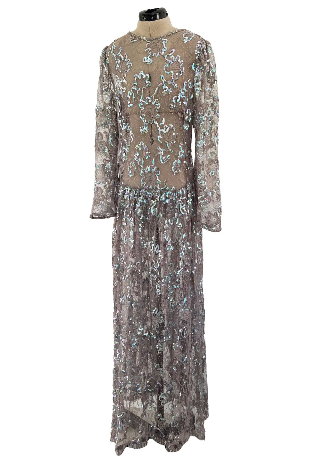 Prettiest 1970s Unlabeled Pale Grey Lace & Blue Grey Glossy Sequin Drop Waist Dress