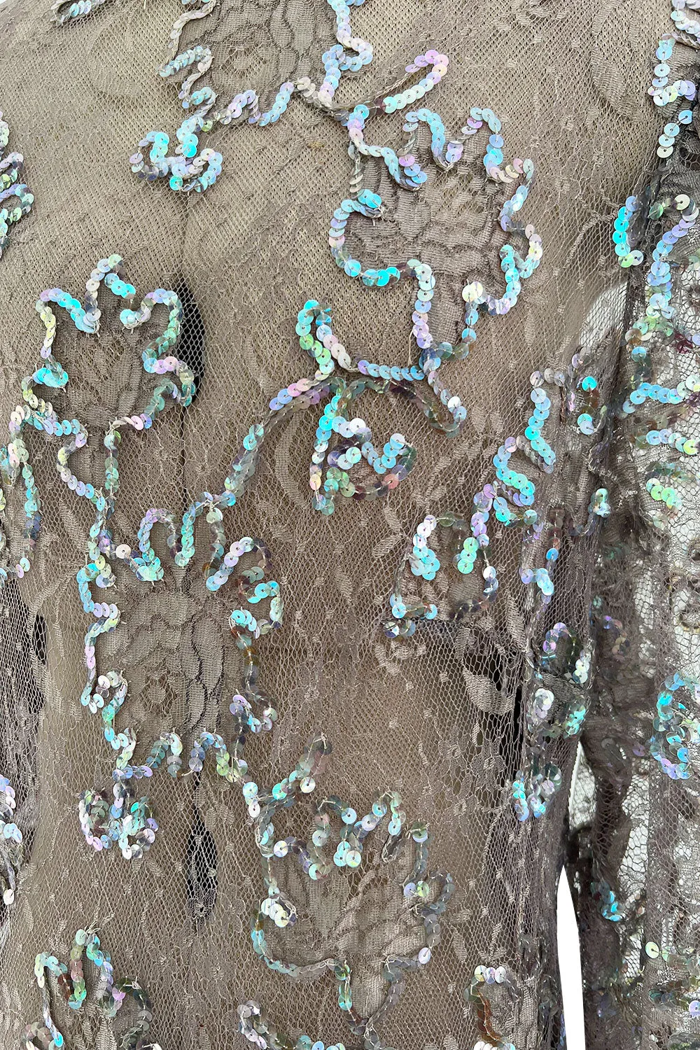 Prettiest 1970s Unlabeled Pale Grey Lace & Blue Grey Glossy Sequin Drop Waist Dress