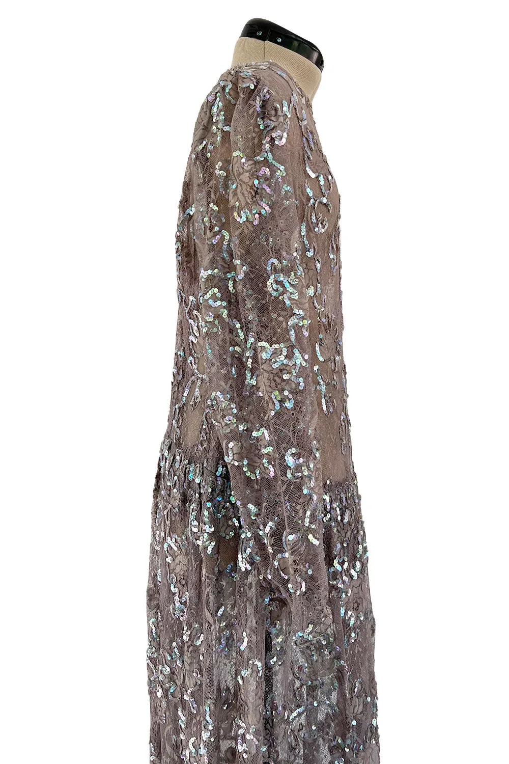 Prettiest 1970s Unlabeled Pale Grey Lace & Blue Grey Glossy Sequin Drop Waist Dress