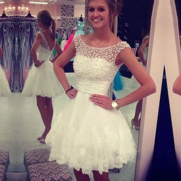 Pretty Bateau White Short Cheap Homecoming Dresses with Appliques & beaded, QB0190