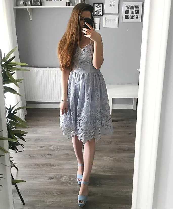 Pretty Spaghetti Straps Short cheap Blue Lace Homecoming Dresses, TYP1042