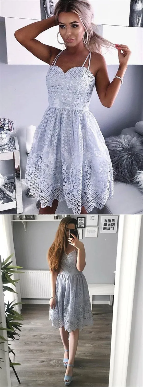 Pretty Spaghetti Straps Short cheap Blue Lace Homecoming Dresses, TYP1042
