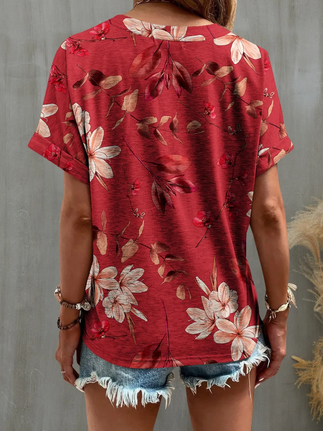 Printed Notched Short Sleeve T-Shirt Top