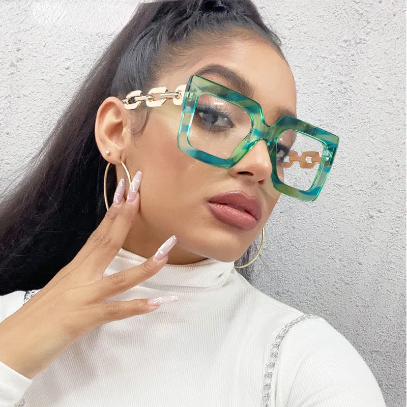 Punk Hollow Chain Arm Clear Lens Frame Eyewear