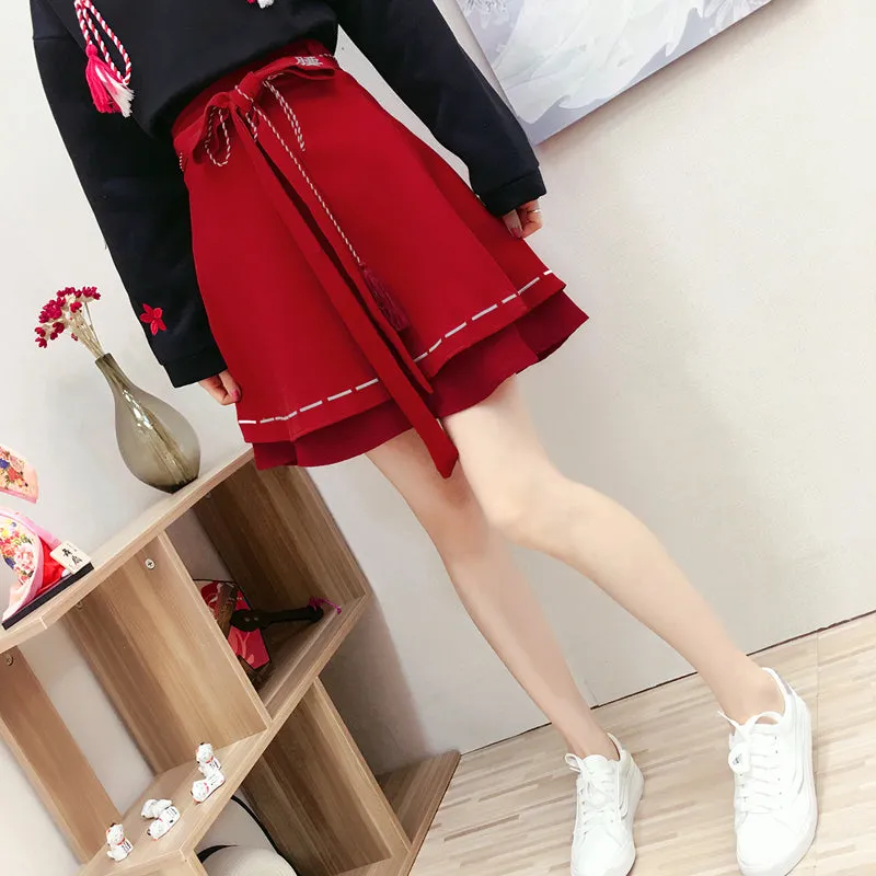 "BLACK RED EMBROIDERED BELT" SKIRT N110605