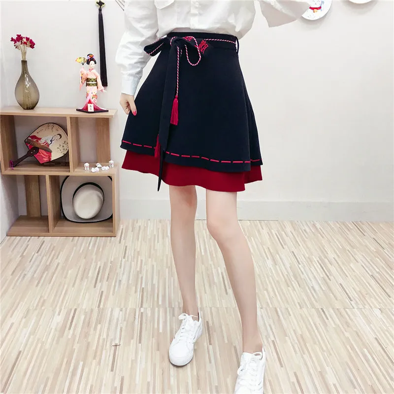 "BLACK RED EMBROIDERED BELT" SKIRT N110605