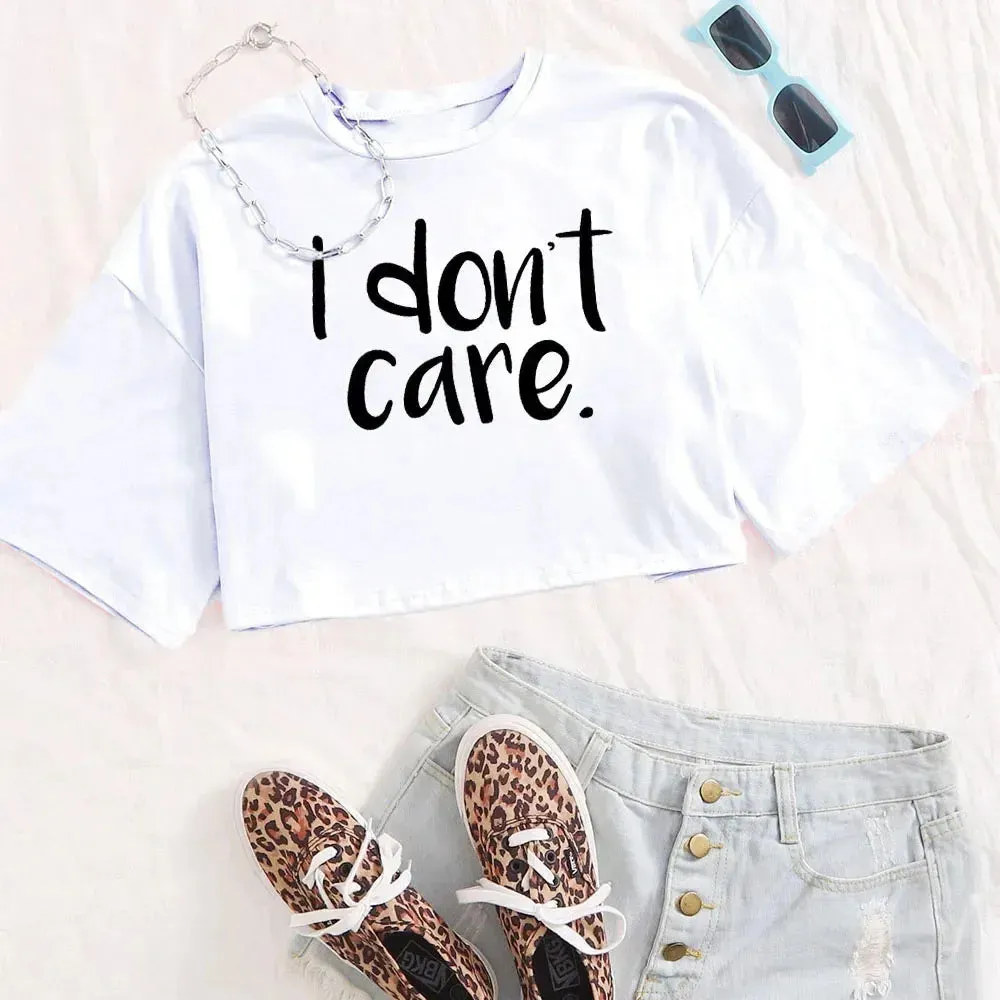 "I Don't Care" Print Crop Tee – Bold & Trendy Statement Piece